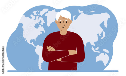 A man stands in front of a world map with his arms crossed.