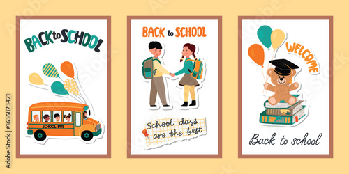 Back to school posters set with kids, school bus, stack of books and teddy bear. White backgrounds with cartoon objects and hand written. Collage elements with paper cut shapes. Vector design.