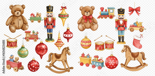 A charming watercolor collection of classic Christmas toys, including teddy bears, nutcrackers, rocking horses, and festive ornaments.