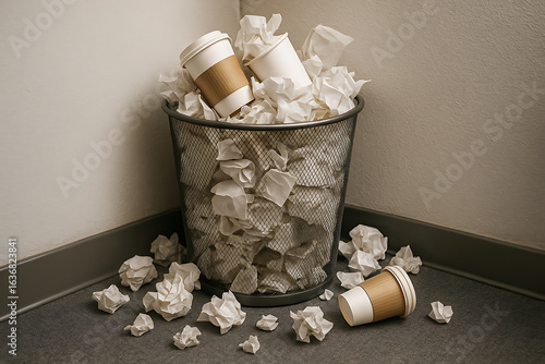 Overflowing Office Trash Bin with Crumpled Paper