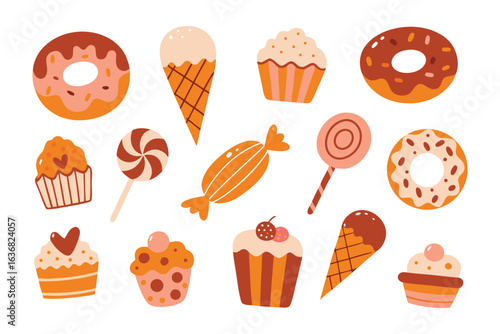 Sweet Treats Assortment: A delightful collection of various sweet treats and desserts arranged in an appetizing composition. Featuring cakes, doughnuts, lollipops, and ice cream cones.
