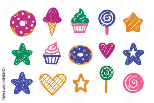 Sweet Treats Collection: A whimsical array of colorful cartoon sweets and desserts, designed to evoke pure joy. This captivating illustration set features delectable treats, sure to delight