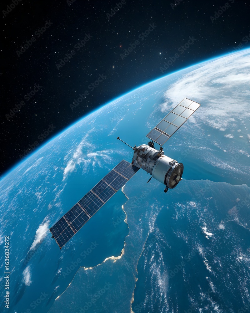 Obraz premium Satellite in orbit around planet earth with stars in background