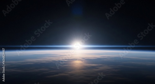 Earth's Horizon: Sunrise Over Clouds from Space, Starry Sky, Blue Atmosphere
