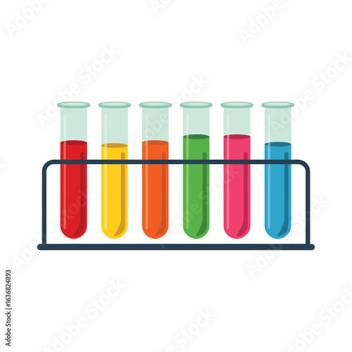 Six colorful test tubes filled with liquid in a rack