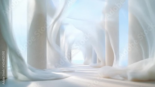 Serene textile passage: A ethereal corridor created with flowing white fabrics, inviting contemplation and highlighting the gentle interplay of light and shadow.