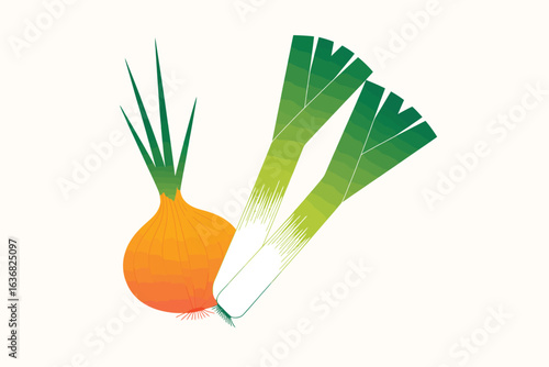 Fresh leeks and yellow onion on a light background