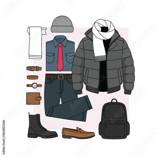 Stylish men s winter outfit flat lay with puffer jacket and accessories