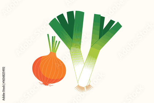 Fresh leeks and onion on a light background