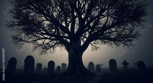 Silhouette of a large tree in a graveyard with tombstones under a foggy and dark sky at night ai generated