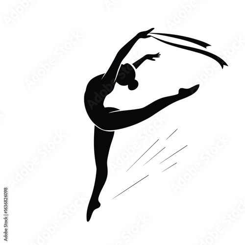 Silhouette of a rhythmic gymnast performing with a ribbon