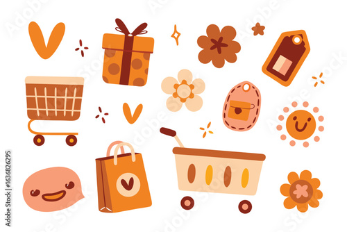 Vintage Shopping Cart and Gift Package Illustrations: A set of vintage shopping carts, flowers and a gift package with lovely illustrations, perfect for design and marketing.
