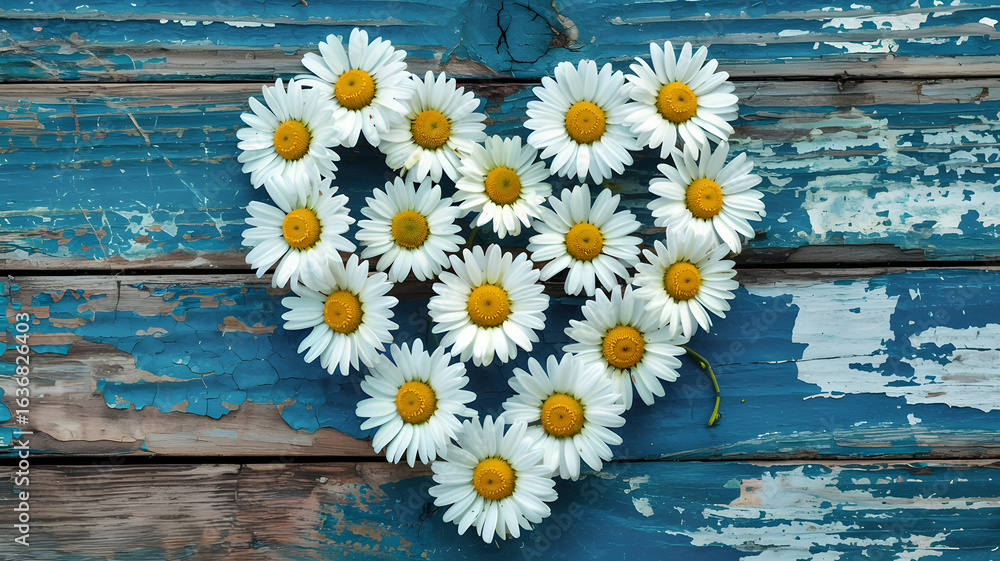 Obraz premium Charming daisies arranged in a heart shape evoke feelings of pure love and rustic beauty on a distressed blue wooden surface