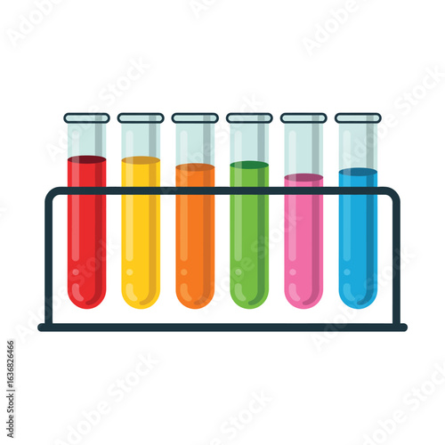 Six colorful test tubes filled with liquid in a rack