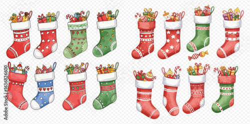 A festive watercolor collection of colorful Christmas stockings filled with assorted gifts and candy canes.