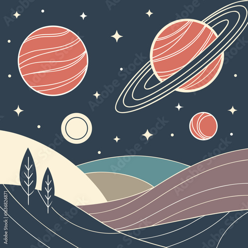 Vector universe with planets floating over a landscape.