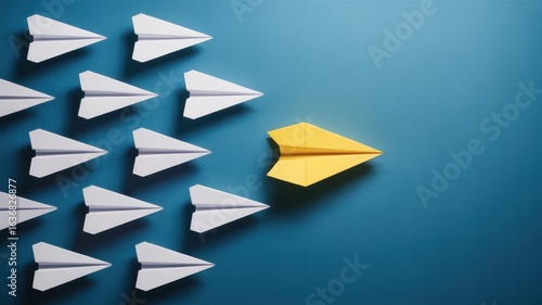 Yellow paper airplane leads white airplanes against blue background
