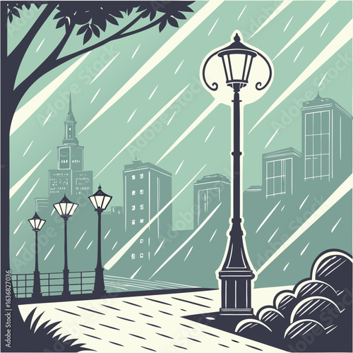 Night cityscape with stylized rain and reflections.