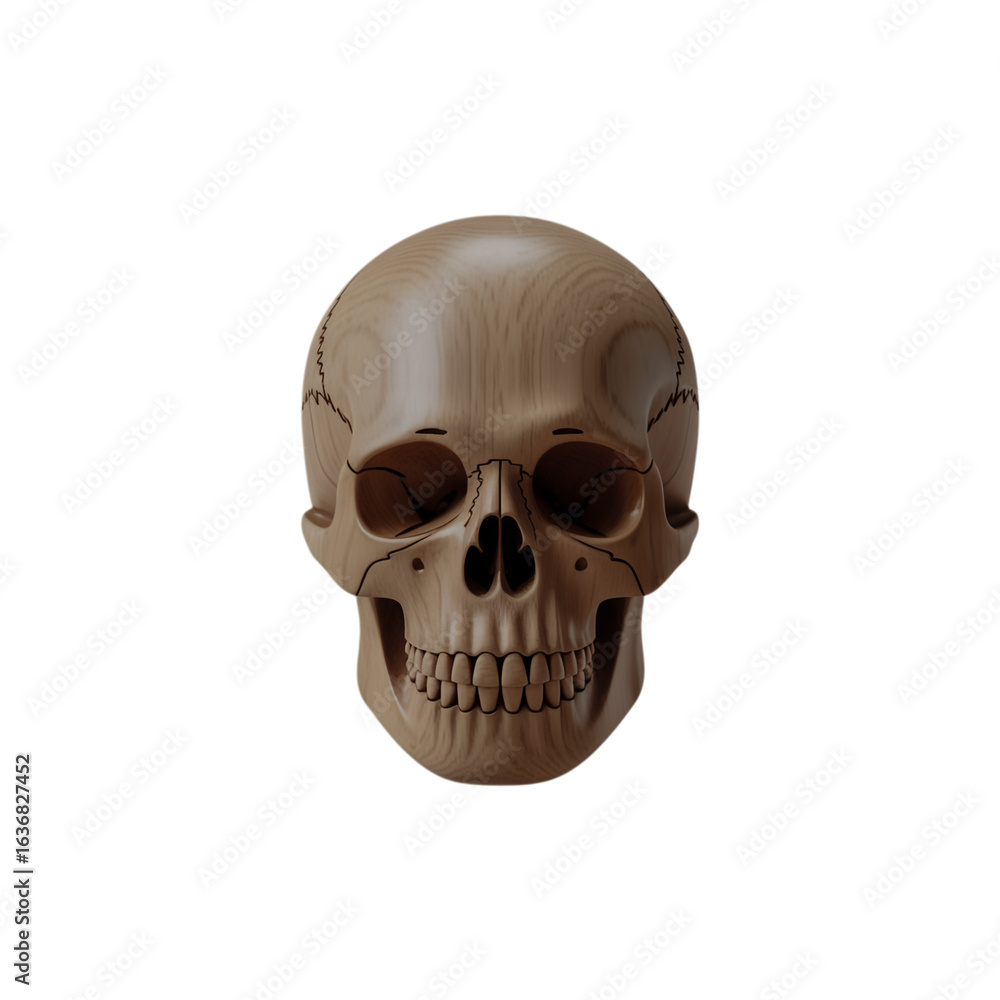 Fototapeta premium Intricate Wood-Textured Skull for Artistic Anatomy Visualization, Natural Wood Skull with Detailed Sutures and Dental Structure