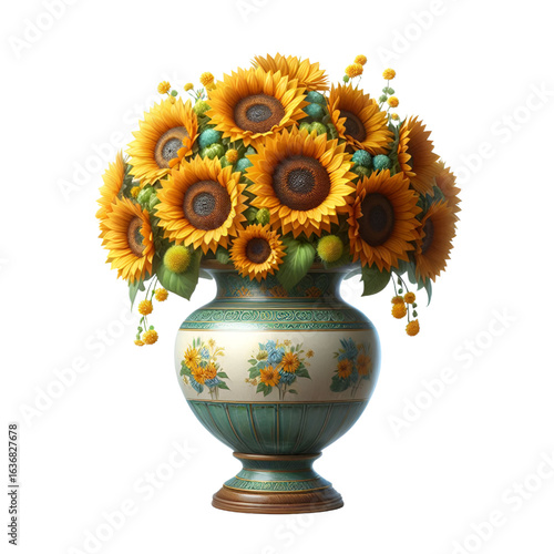 Sunflower vase isolated on white background