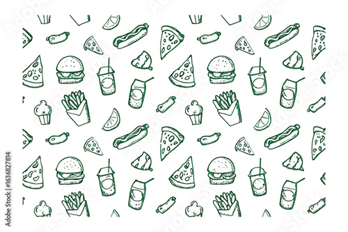 Tasty Delights: A vibrant collection of popular snacks and fast food items, artfully arranged in a fun, repeat pattern, perfect for adding a touch of flavor to any design. 