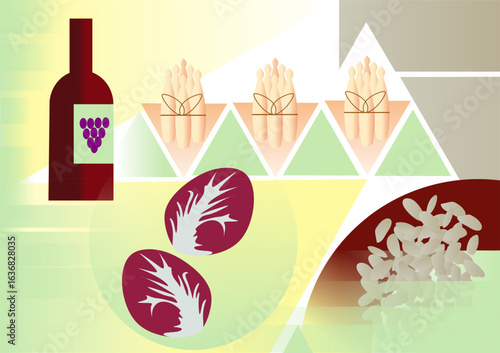 infographics products of italy, Veneto region, arborio rice, red chicory, red wine, white asparagus. Visit Italy. Vector template of a banner or flyer with symbols of Italy  made style vector. 