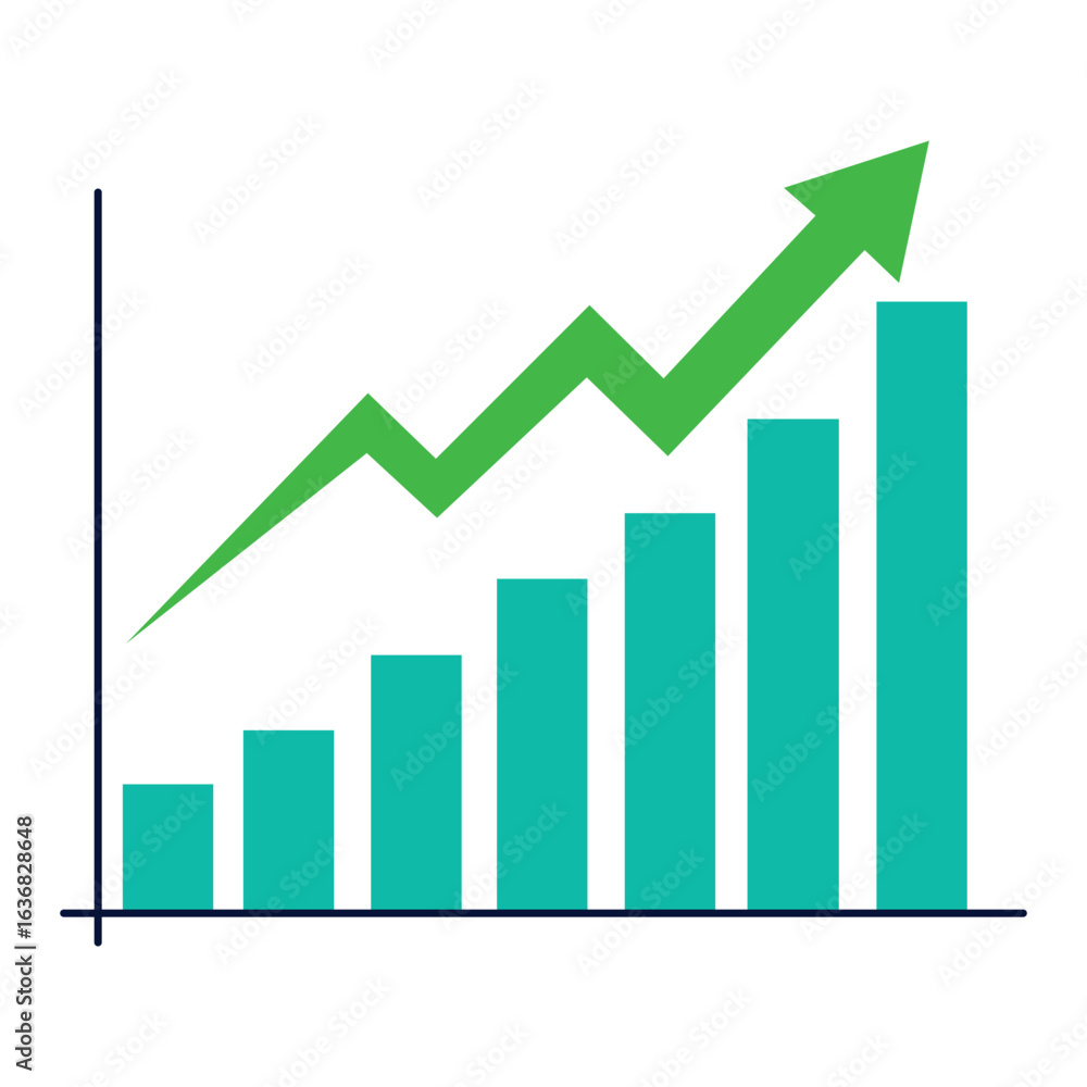 Green Upward Arrow with Increasing Bar Chart, Financial Growth Data Graph Icon, Business Success Statistics, Profit Improvement, Economic Trend Green Upward Arrow with Increasing Bar Chart, Financial Growth Data Graph Icon, Business Success Statistics, Profit Improvement, Economic Trend