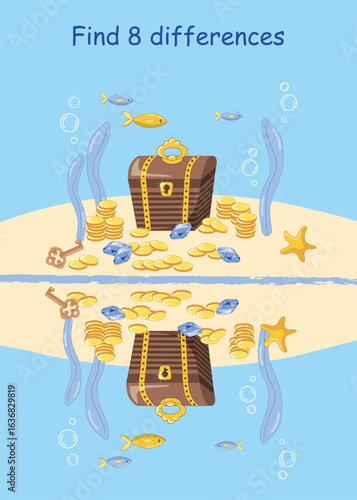 Find 8 differences in the reflection of the treasure on the seabed. Observation game. Vector illustration for children's entertainment, activity book, worksheet.