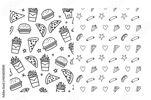 Fast Food Delight Pattern: A delightful pattern showcasing a collection of mouthwatering fast food items and playful shapes, arranged in a simple, artistic way, ideal for creative projects.