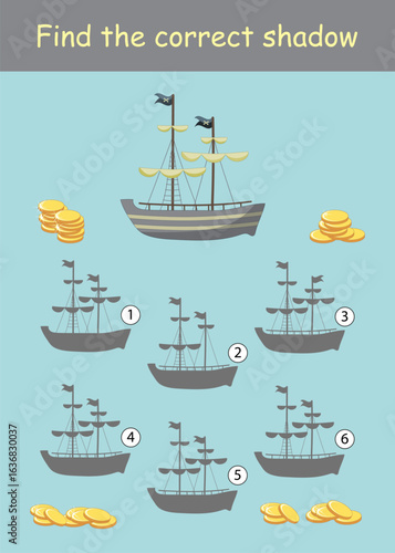Find the correct shadow of the pirate ship. Observation game. Vector illustration for children's entertainment, activity book, worksheet.
