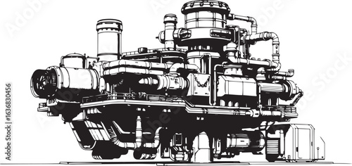 Factory, technical room, futurism, industry, equipment, mechanisms. Hand drawn vector illustration