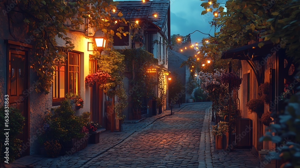 Fototapeta premium Night street with cobblestones and string lights overhead high resolution picture