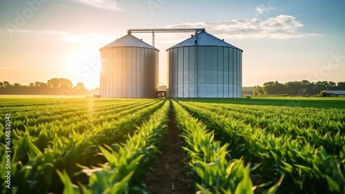 Two large silos stand in a field of growing plants, bathed in warm sunlight. Rows of crops extend to the horizon