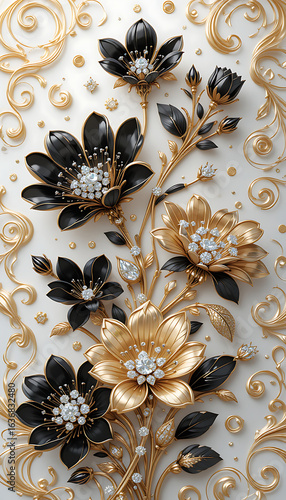 Luxurious Black and Gold Diamond Flowers.