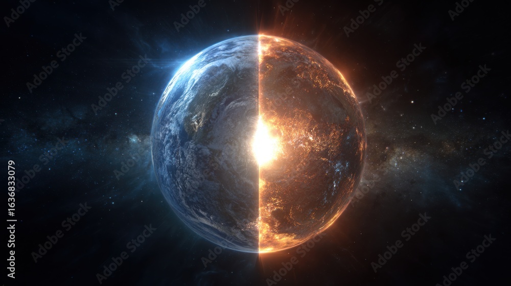 Fototapeta premium earth split fiery cosmic scene