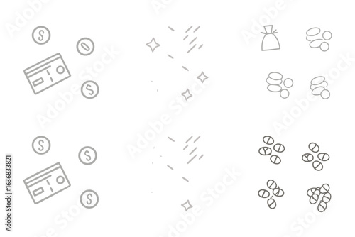 Wealth and finance: A minimalist arrangement of financial icons, including coins, a credit card, and a money bag, creates a simple yet compelling visual representation of monetary concepts.