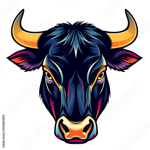 Isolated bull head logo, colorful bull head logo with light falling on it from an angle making it more visible and attractive, close-up, transparent background