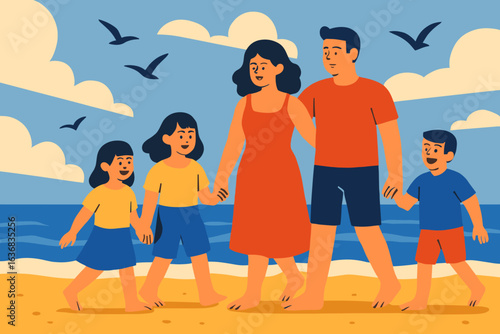 A family of four takes a leisurely stroll along a picturesque beach, accompanied by birds soaring above, making it perfect for a visually appealing design feature