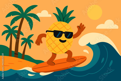 A surfer rides the waves at a summer beach lined with palm trees
