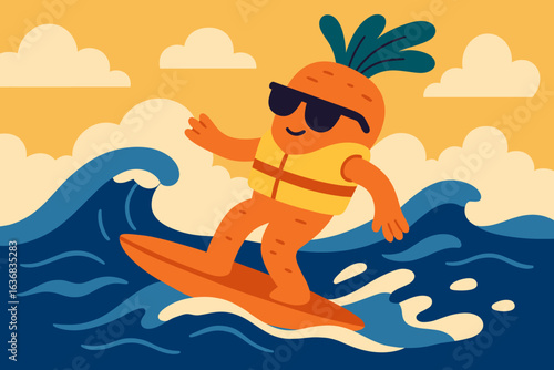 A cool carrot is enjoying its summer vacation by surfing on waves with a lifebuoy