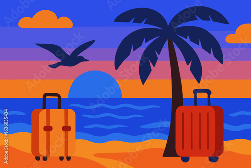 Vector illustration depicting a serene summer beach setting complete with palm trees and a relaxing vacation atmosphere