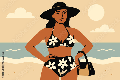 A fashionable woman dressed in a summer ensemble, sporting sunglasses and a sun hat, strikes a pose in silhouette
