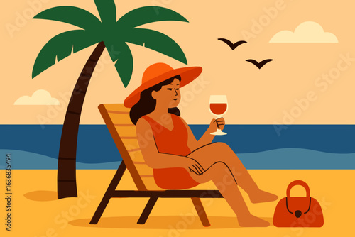A girl sitting on a chaise longue under a palm tree on the beach, holding a cocktail and gazing out at the sea, embodies a relaxing coastal holiday in a vector flat cartoon illustration with a