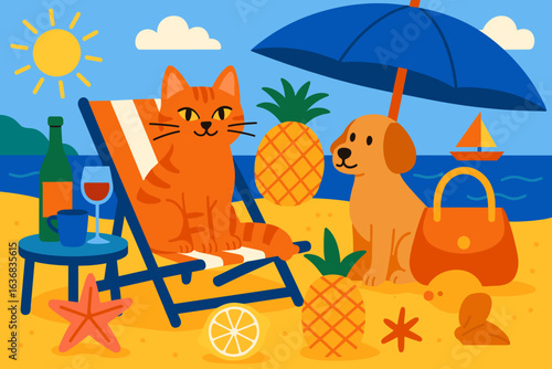 Vibrant illustrations of summer vacations showcasing seaside elements and recreational pursuits in a beachside environment