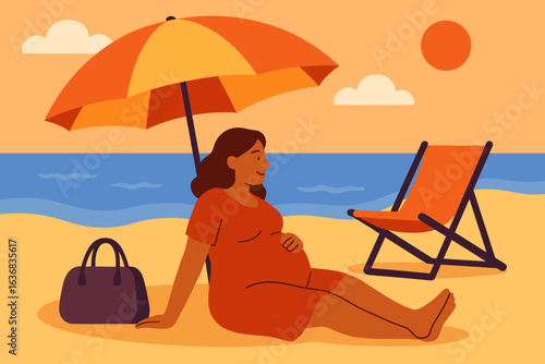 Illustration of an expectant mother relaxing on a beach