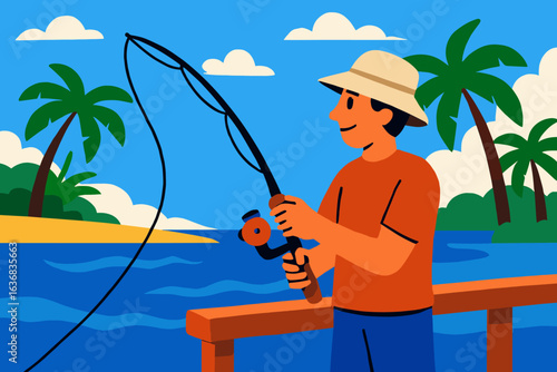 A man fishes from a pier in a tropical location, savoring the peacefulness and serenity