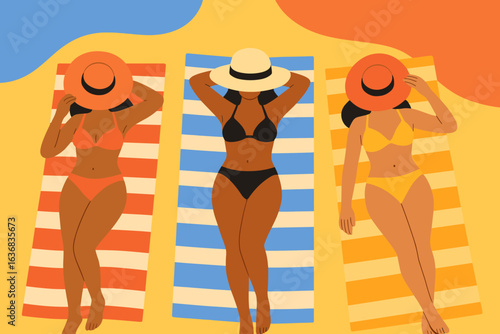 Three women in swimsuits relax in the sun against a vibrant backdrop, ideal for promoting beachwear, summer getaways, sunscreen, and initiatives celebrating body inclusivity and self-acceptance