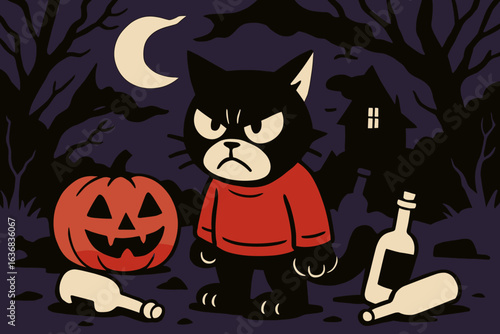 Spooky flat illustration of a Halloween cartoon cat background