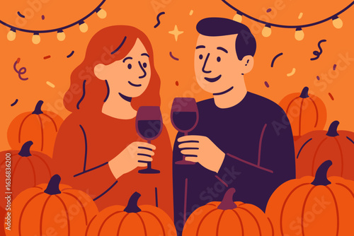 A vibrant depiction of a pair dressed as a vampire and witch, clinking wine glasses together surrounded by Halloween decor