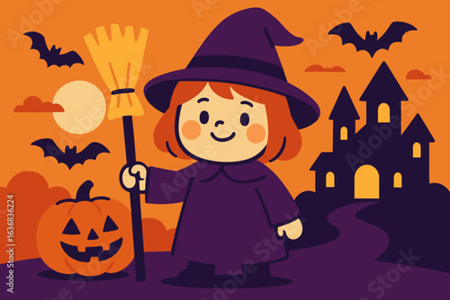 Vector illustration of a Halloween background featuring a child dressed in a scytheman costume